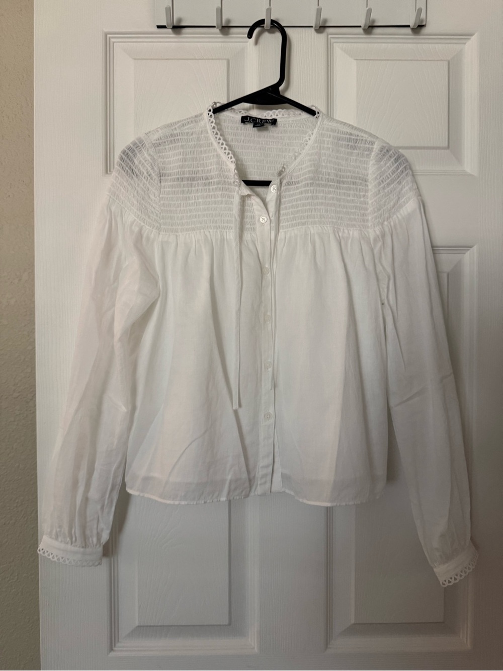 J. Crew White Smocked Yoke Button-Front Blouse NWT